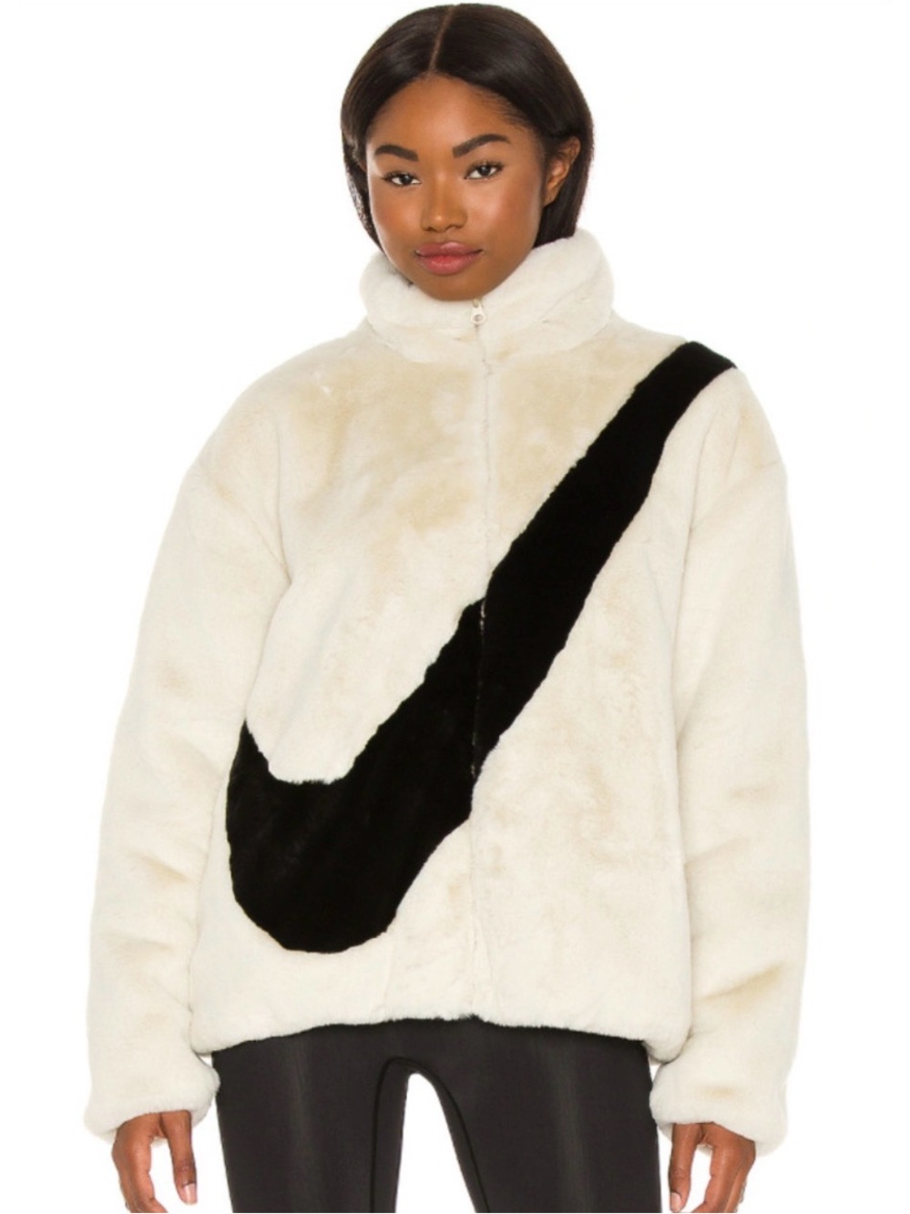 Nike Sportswear Faux Fur Big Swoosh Jacket Fossil White Black Size S